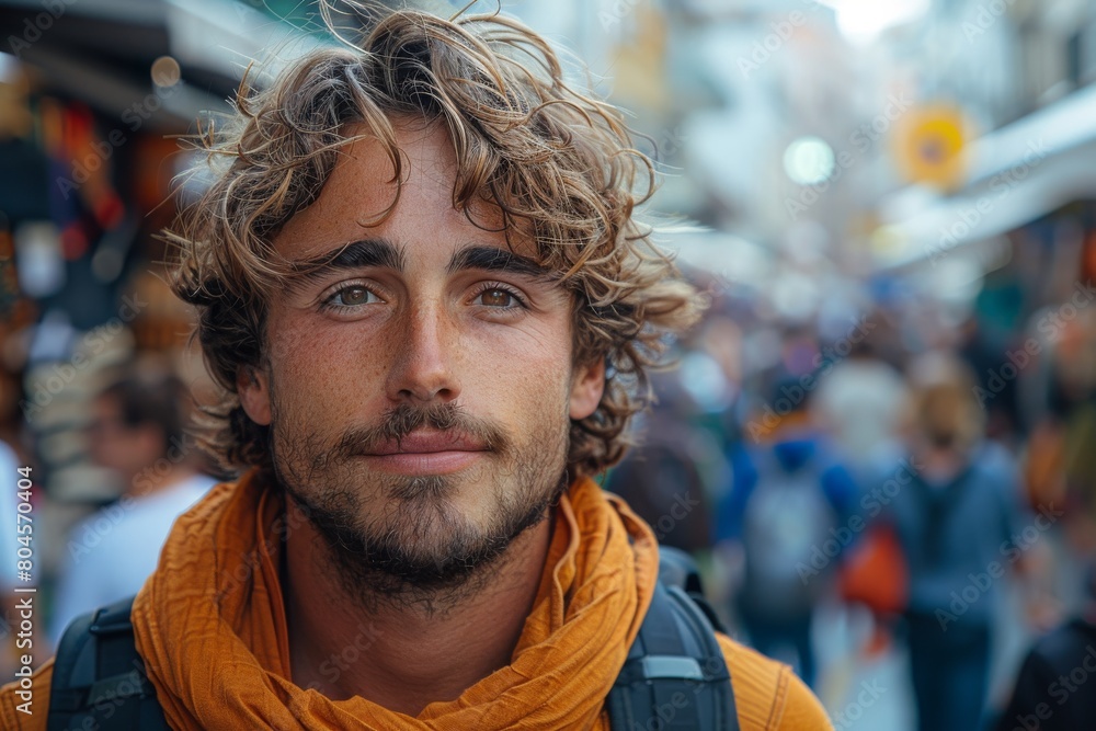 Serene-looking young man with curly hair in a yellow jacket against a bustling street background Serene-looking young man with curly hair in a yellow jacket against a bustling street background