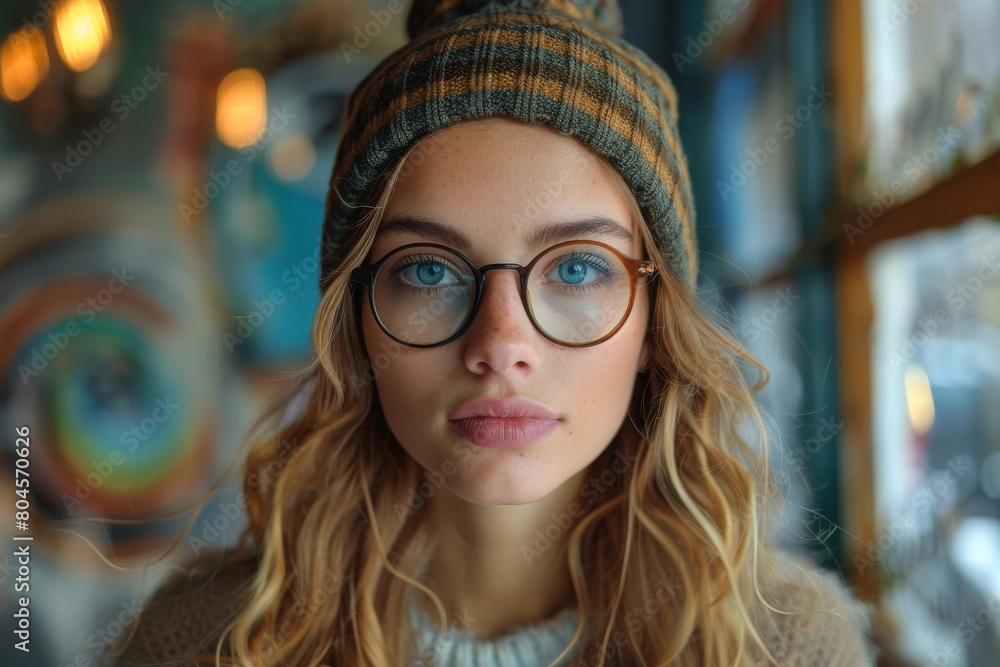 A young woman with captivating blue eyes wearing glasses in a cozy indoor setting A young woman with captivating blue eyes wearing glasses in a cozy indoor setting