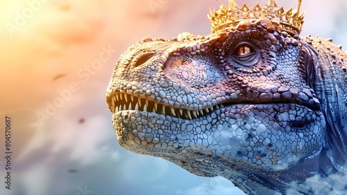 Regal Tyrannosaurus Rex wearing a crown  reigning over prehistoric lands as a symbol of ancient power. Concept Dinosaur King  Crowned Tyrannosaurus Rex  Prehistoric Reign  Ancient Power
