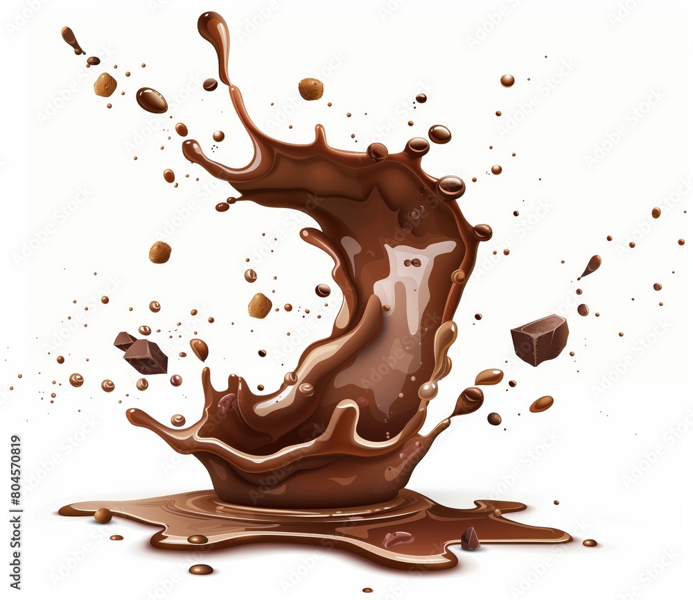 A chocolate splash with chocolate chips and a splash of milk A chocolate splash with chocolate chips and a splash of milk