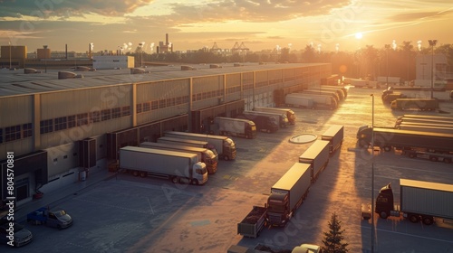 Logistics park with warehouse, loading center and many semi-trailers with cargo trailers standing at ramps for loading/unloading goods at sunset.