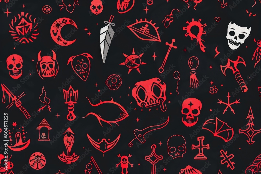 A striking image featuring red and white designs on a black background. Suitable for various graphic design projects A striking image featuring red and white designs on a black background. Suitable for various graphic design projects