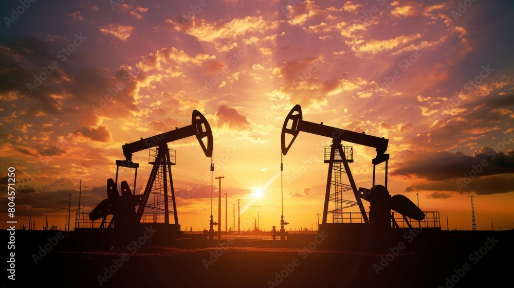 Oil pumps, drilling rigs with a silhouette of an oil field at sunset, Oil industry, oil production.