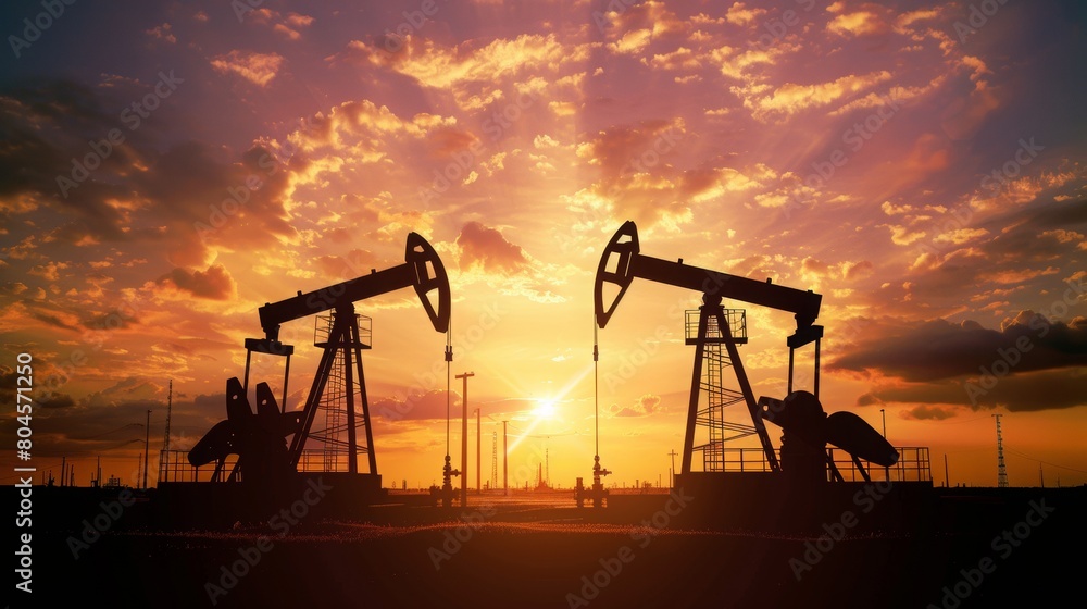 Oil pumps, drilling rigs with a silhouette of an oil field at sunset, Oil industry, oil production. Oil pumps, drilling rigs with a silhouette of an oil field at sunset, Oil industry, oil production.