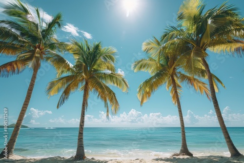 An idyllic beach scene with palm trees swaying over turquoise waters under a sunny sky