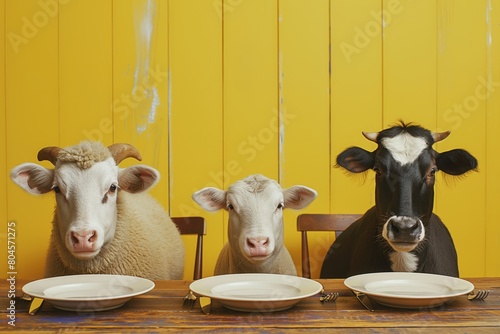 Creative concept showing cow, sheep and lamb sitting at the wooden table with dining setup against a yellow wall with boards. Domestic animals eating.