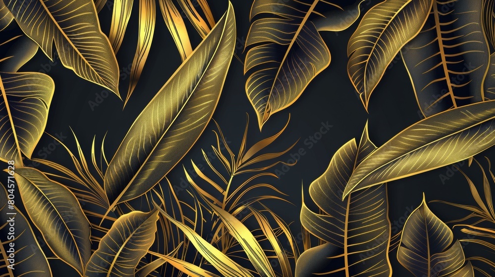 custom made wallpaper toronto digitalGolden color tropical leaves wallpaper, luxury nature leaves, golden banana leaves line design.