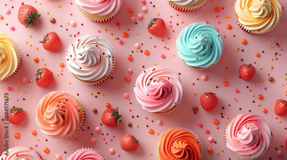 Colorful Cupcakes and Strawberries on Pink Background Colorful Cupcakes and Strawberries on Pink Background