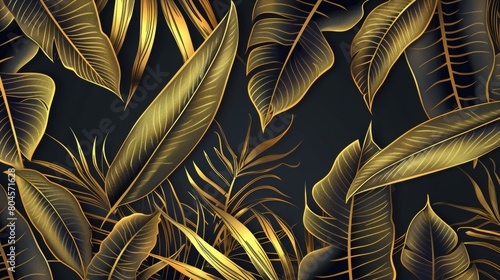Wallpaper Mural Golden color tropical leaves wallpaper, luxury nature leaves, golden banana leaves line design. Torontodigital.ca