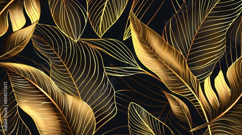 Golden color tropical leaves wallpaper, luxury nature leaves, golden banana leaves line design.