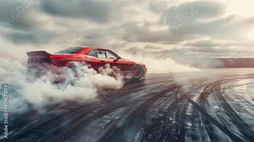 Drift car driving with thick tire smoke, car with bright red livery, AI generated image.
