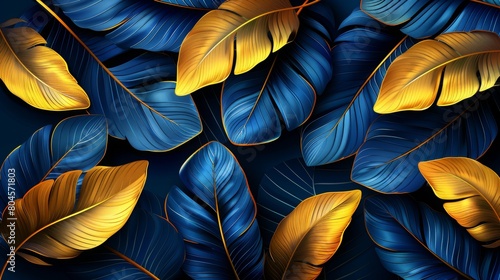 Golden color tropical leaves wallpaper, luxury nature leaves, golden banana leaves line design.