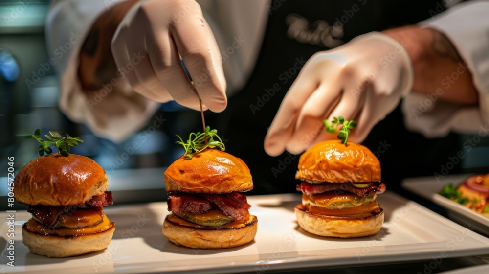 A chef's hands meticulously preparing triple-layer pork belly sliders, a gourmet delight.
