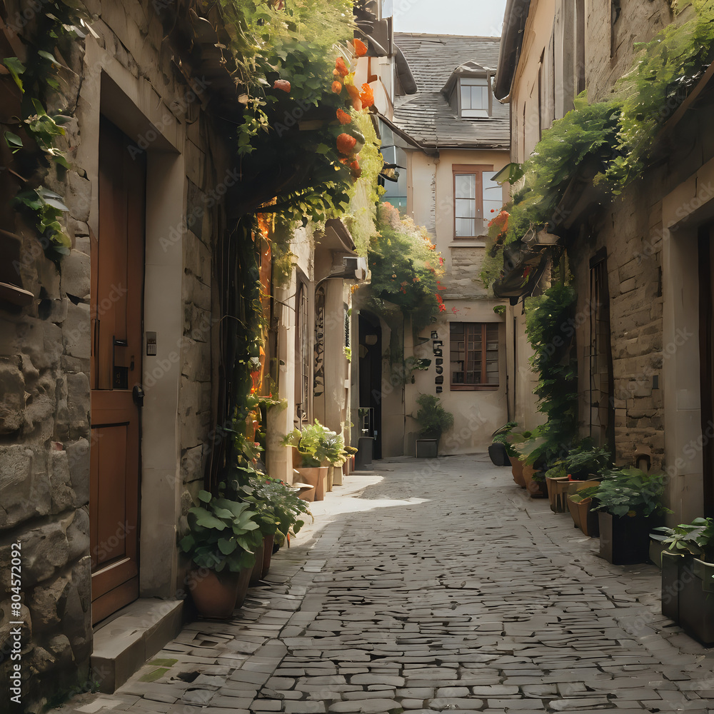a narrow cobblestone street with potted plants on either side