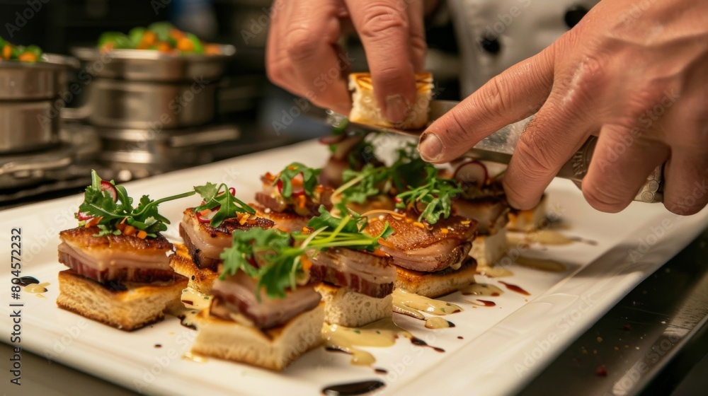 A chef's hands meticulously preparing triple-layer pork belly sliders, a gourmet delight.
