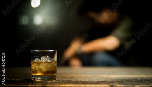 Lonely Glass of Whiskey in Foreground with Defocused Man in Background
