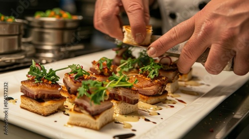 A chef's hands meticulously preparing triple-layer pork belly sliders, a gourmet delight."