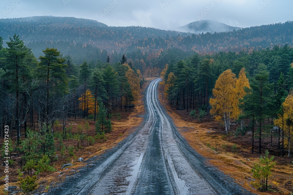 Captivating autumn scene with a winding road stretching through a forest with colorful foliage during rainy weather Captivating autumn scene with a winding road stretching through a forest with colorful foliage during rainy weather