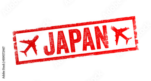Japan is an island country located in East Asia in the Pacific Ocean, text emblem stamp with airplane