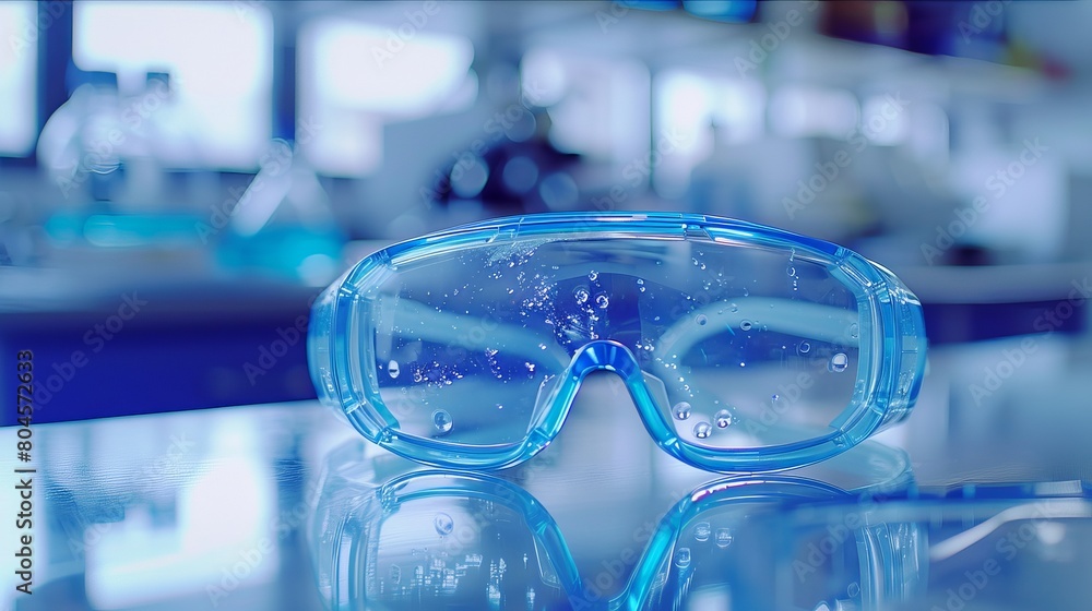 Detailed close-up image showcasing blue safety goggles positioned on a desk within a research laboratory setting. Detailed close-up image showcasing blue safety goggles positioned on a desk within a research laboratory setting.