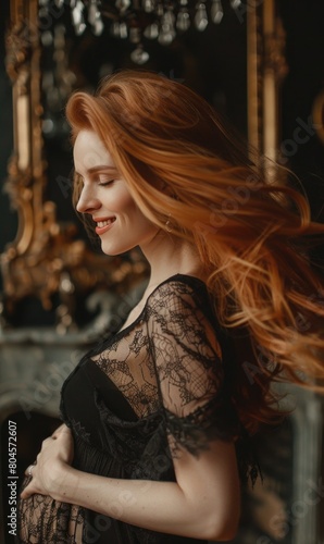 A woman with flowing red hair smiles softly in an elegant interior