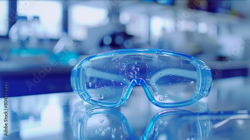 Detailed close-up image showcasing blue safety goggles positioned on a desk within a research laboratory setting.