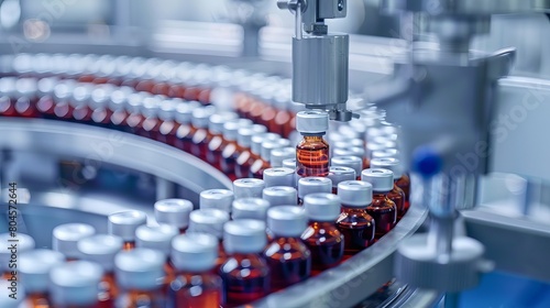 Detailed depiction of a medical ampoule production line within a modern pharmaceutical factory, highlighting the intricate process of medication manufacturing.