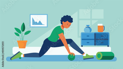 A person uses a foam roller to release tension and loosen muscles after a light early morning jog before heading home to make a green smoothie..