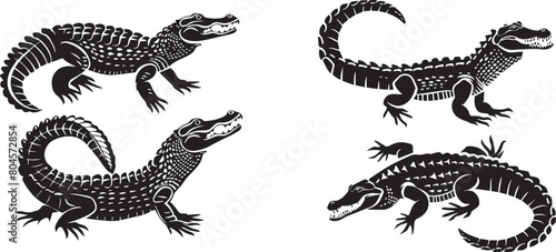 Set of Crocodile silhouettes on black and white