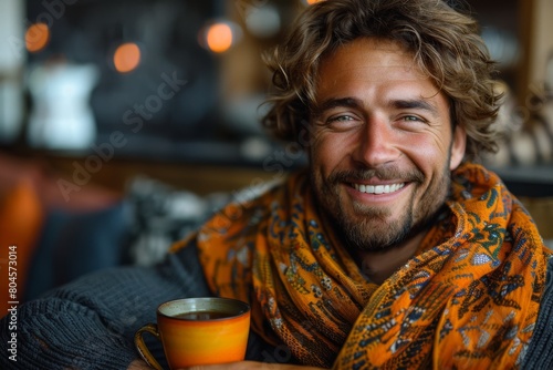 A charming man in a warm scarf holds a cup with a joyful smile amid a blurred café background photo