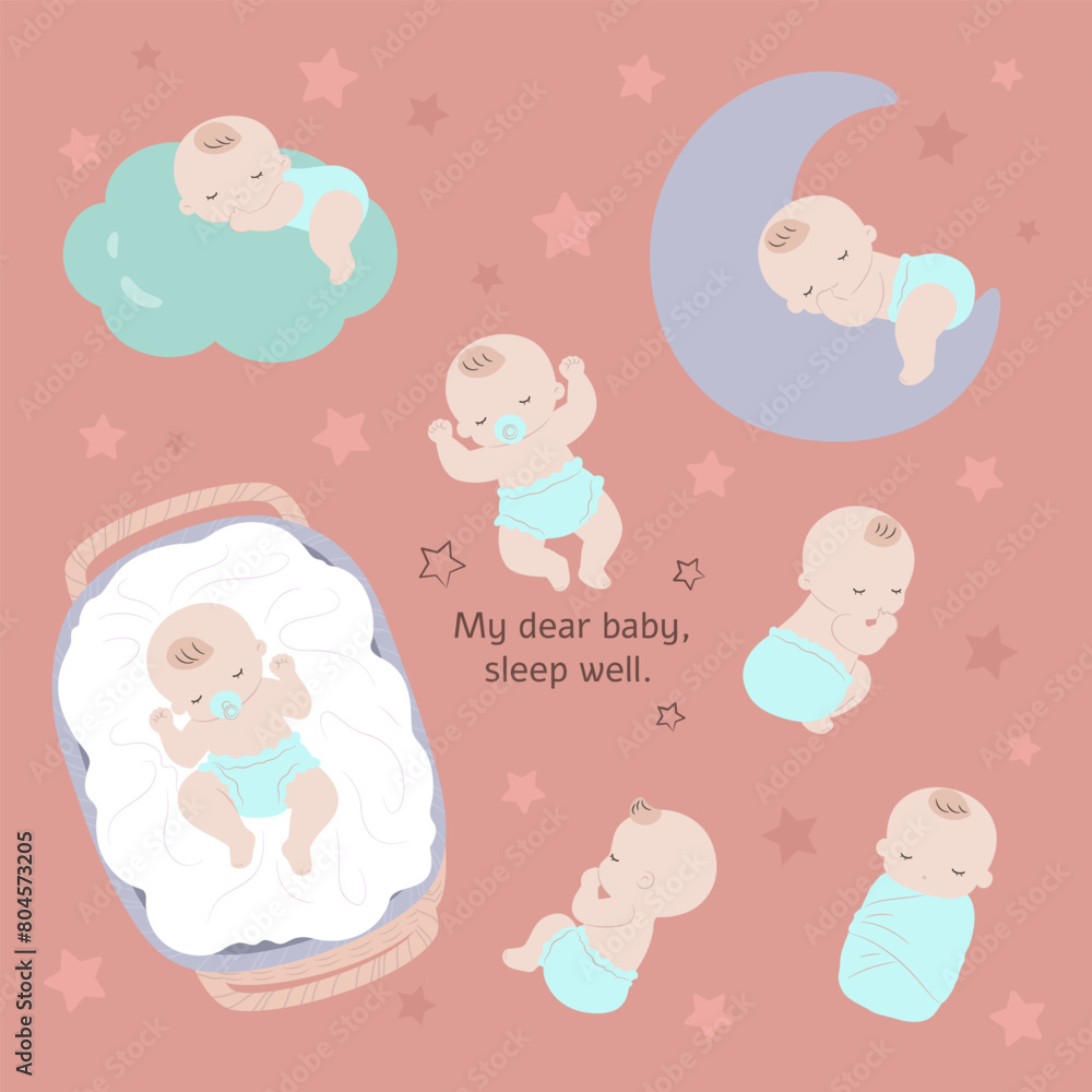 Various scenes of babies sleeping, such as cradle, clouds, moon, etc. Various scenes of babies sleeping, such as cradle, clouds, moon, etc.