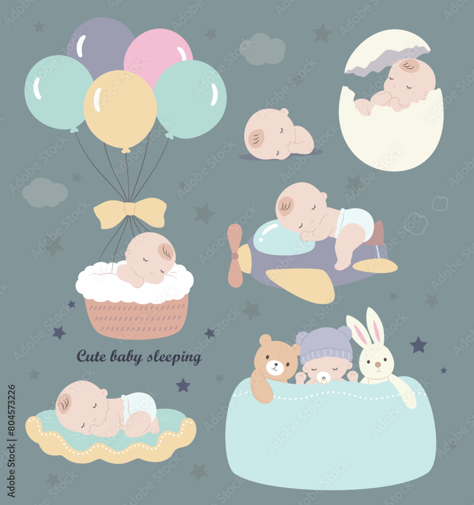 Various scenes of babies sleeping, such as balloons, airplanes, eggshells, etc. Various scenes of babies sleeping, such as balloons, airplanes, eggshells, etc.