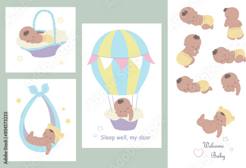 Newborn babies sleeping in hot air balloons or bamboo baskets, with various sleeping positions