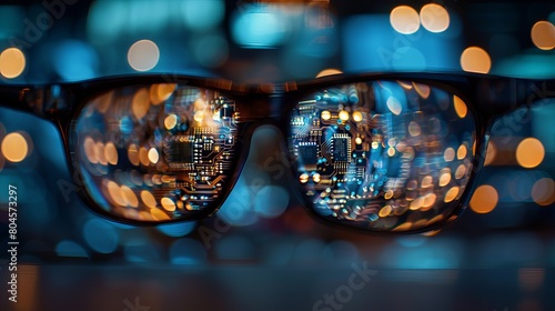 Glasses reflecting the image of a circuit board, illustrating a close connection between technology and safety gear. © Elchin Abilov