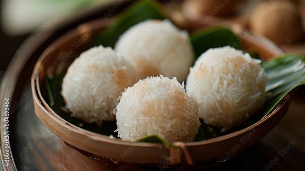A close-up of 'Khanom Tom,' Thai glutinous rice balls stuffed with coconut and palm sugar. A close-up of 'Khanom Tom,' Thai glutinous rice balls stuffed with coconut and palm sugar.
