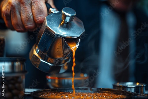 Rich coffee flows from a moka pot, showcasing the traditional Italian method of brewing espresso on a stovetop photo
