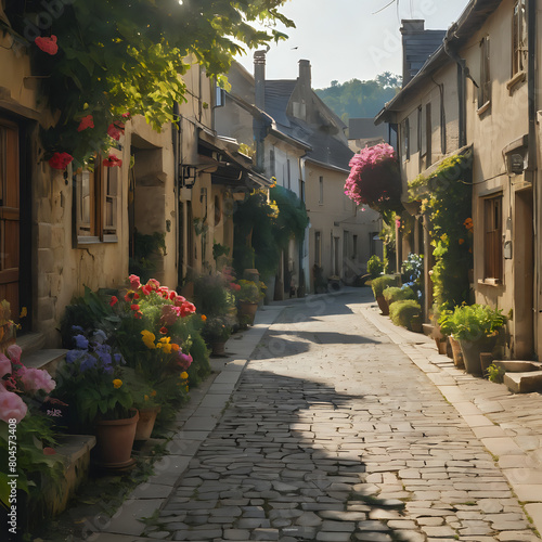 a cobblestone street with potted plants and flowers
