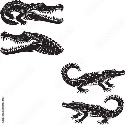 Set of Crocodile silhouettes on black and white © Adeela vector & ai