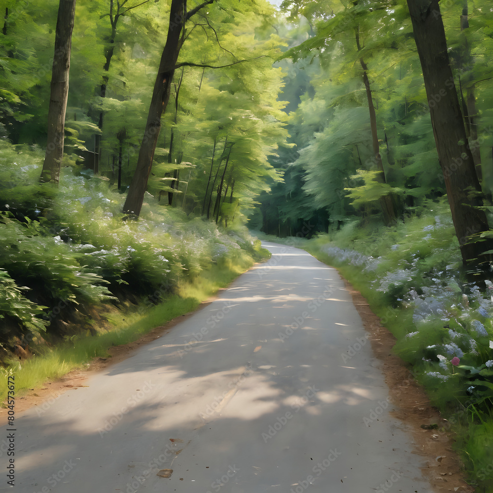 Fototapeta premium a painting of a road in the woods with flowers