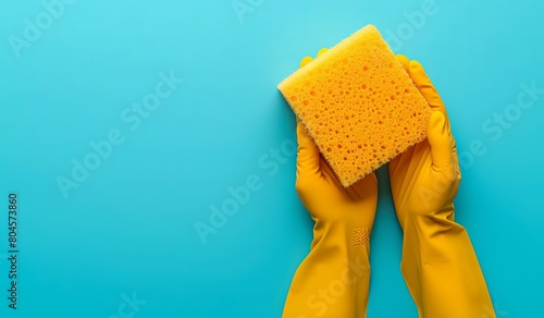 Yellow gloves holding yellow sponge photo