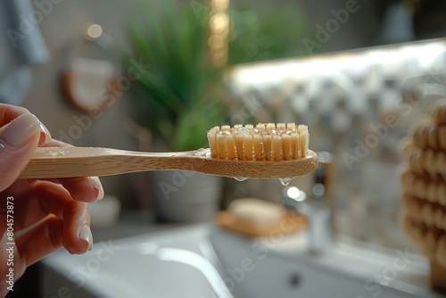 An eco-friendly bamboo toothbrush with water droplets on it, highlighting sustainable lifestyle choices in personal hygiene