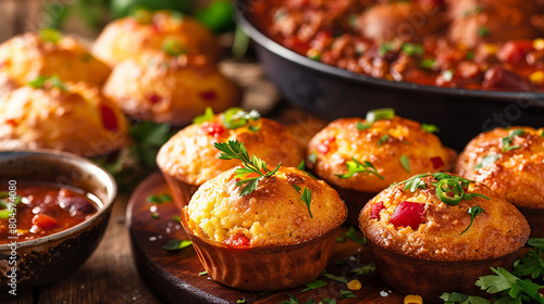 A tray of golden brown cornbread muffins, served alongside a bowl of warm chili for a comforting and satisfying meal on a chilly evening.