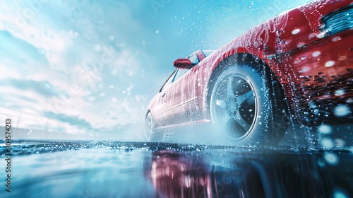 Illustration of a car wash banner background concept, offering a backdrop for car washing and cleaning with ample copy space.