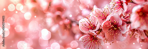 Ethereal Cherry Blossoms in Spring, Soft Pink Petals Against a Bright, Abstract Background