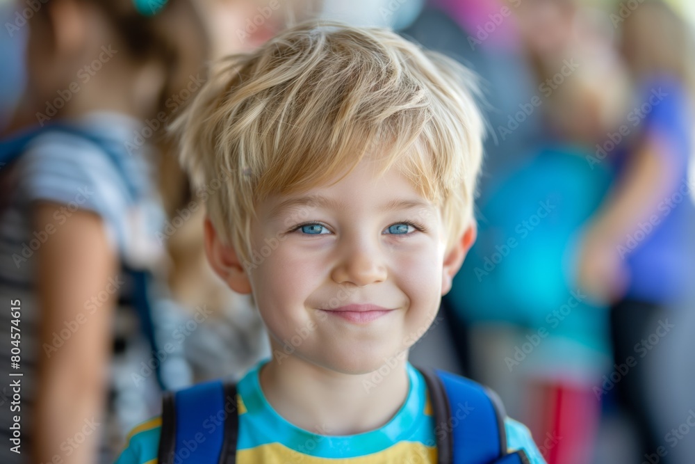 Young boy with a backpack smiling outdoors Young boy with a backpack smiling outdoors