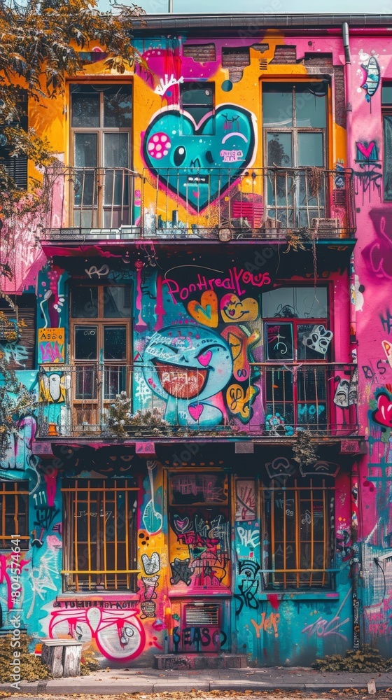 Fototapeta premium Colorful Building Covered in Graffiti Art