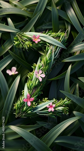 Letter  Z  wrapped in wild flowers and bamboo leaves.