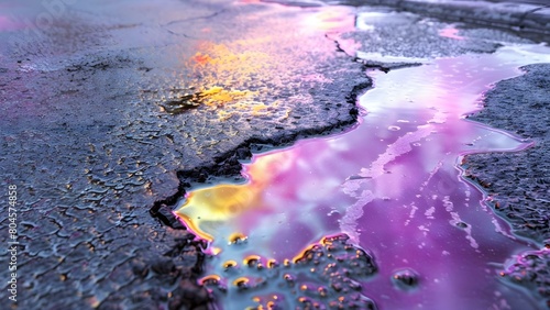 Colorful Engine Oil Stains on Asphalt Driveway from Car Leak. Concept Preventing Oil Stains, Cleaning Driveway, Protecting Asphalt, Automotive Maintenance photo