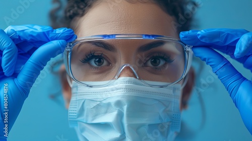 Image depicting a female doctor or nurse wearing latex protective gloves, a medical protective mask, and glasses on the face.