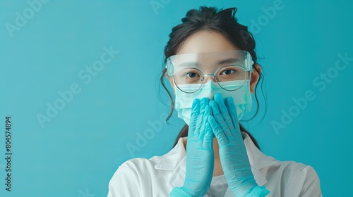 Image depicting a female doctor or nurse wearing latex protective gloves, a medical protective mask, and glasses on the face. photo